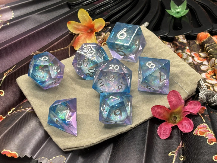 Blue purple with prismatic glitter, silver font