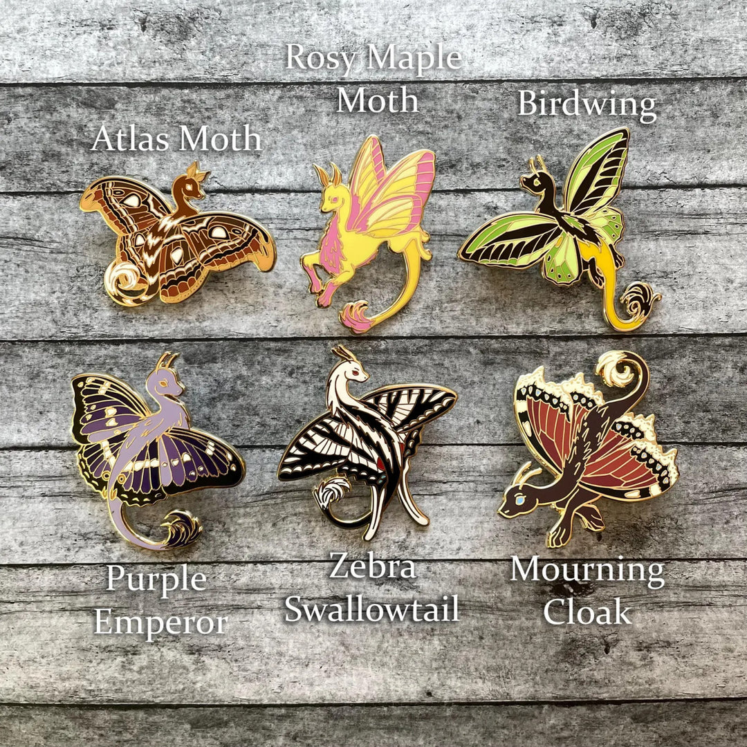 Six butterfly dragons: atlas moth, rosy maple moth, birdwing butterfly, zebra swallowtail, mourning cloak butterfly, and purple emperor butterfly