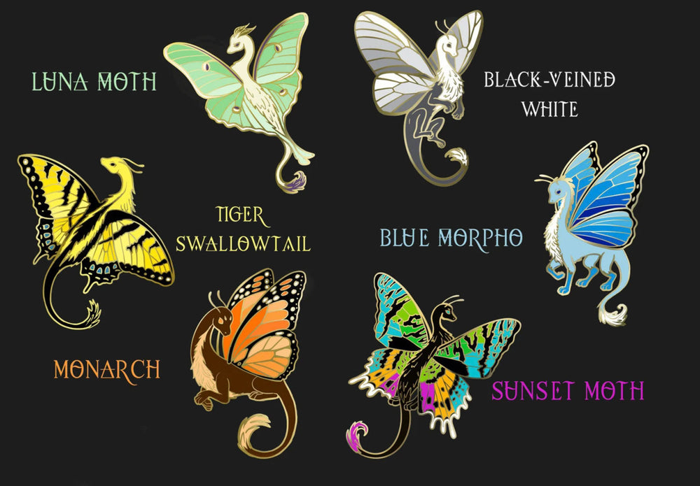 Six butterfly dragons: sunset moth, monarch butterfly, luna moth, black veined white butterfly, tiger swallowtail, and blue morpho