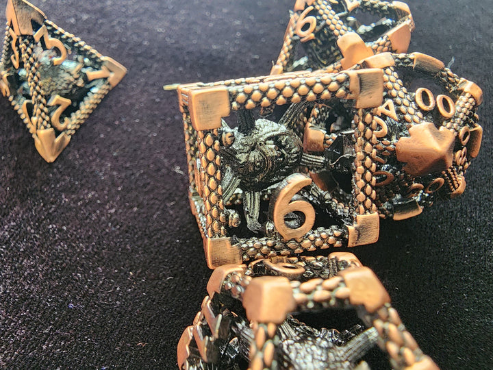Beholder Hollow Metal Dice 7 pc Set Battleworn Copper