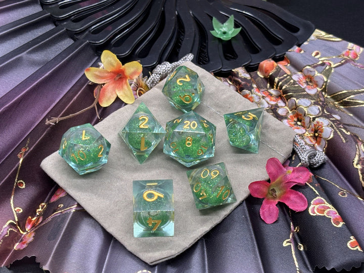 Green with green glitter, gold font