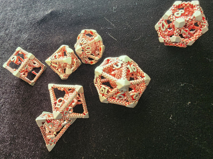 Beholder Hollow Metal Dice 7 pc Set Battleworn Red