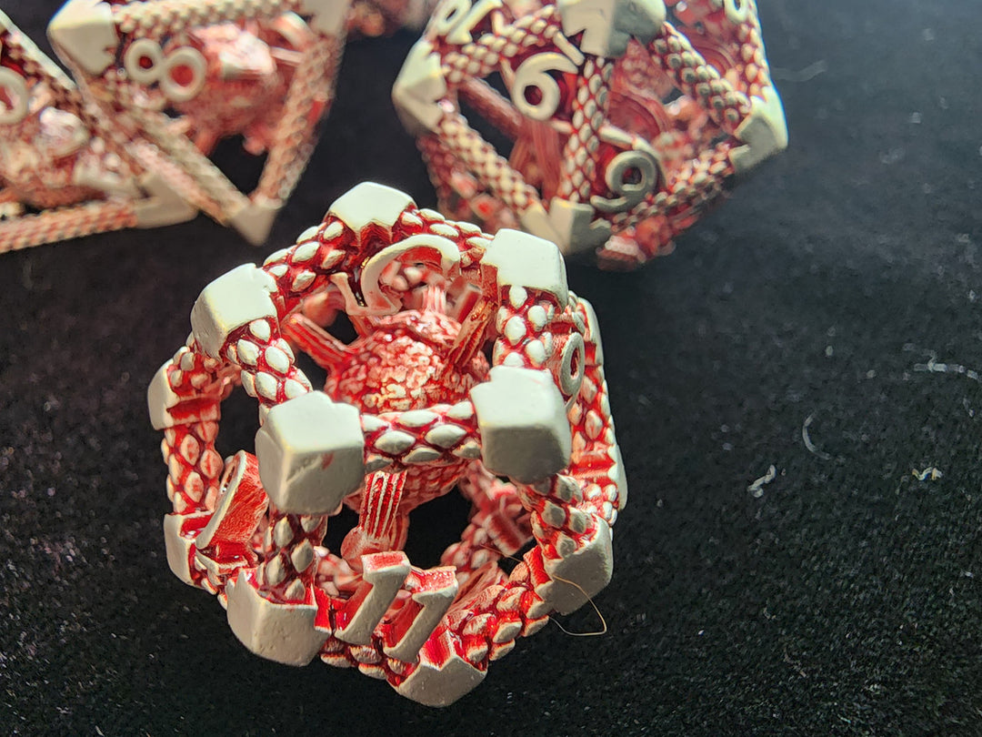 Beholder Hollow Metal Dice 7 pc Set Battleworn Red