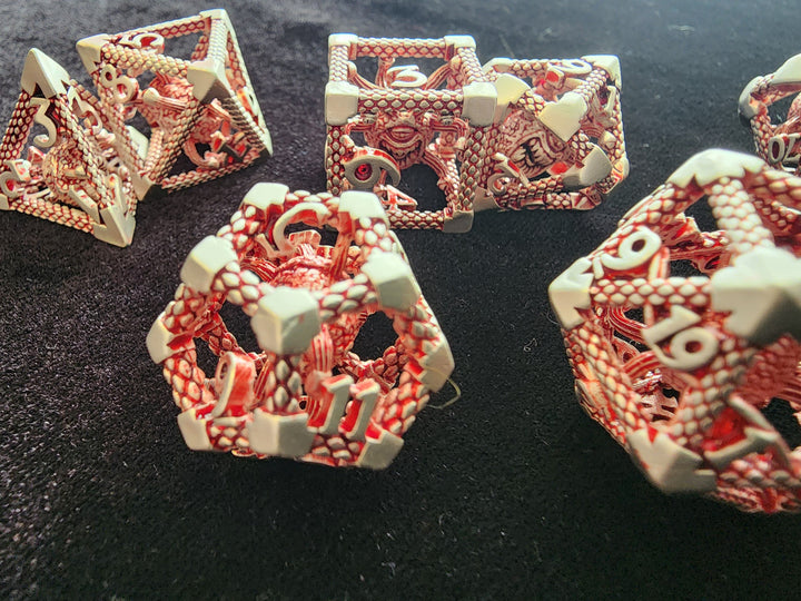 Beholder Hollow Metal Dice 7 pc Set Battleworn Red